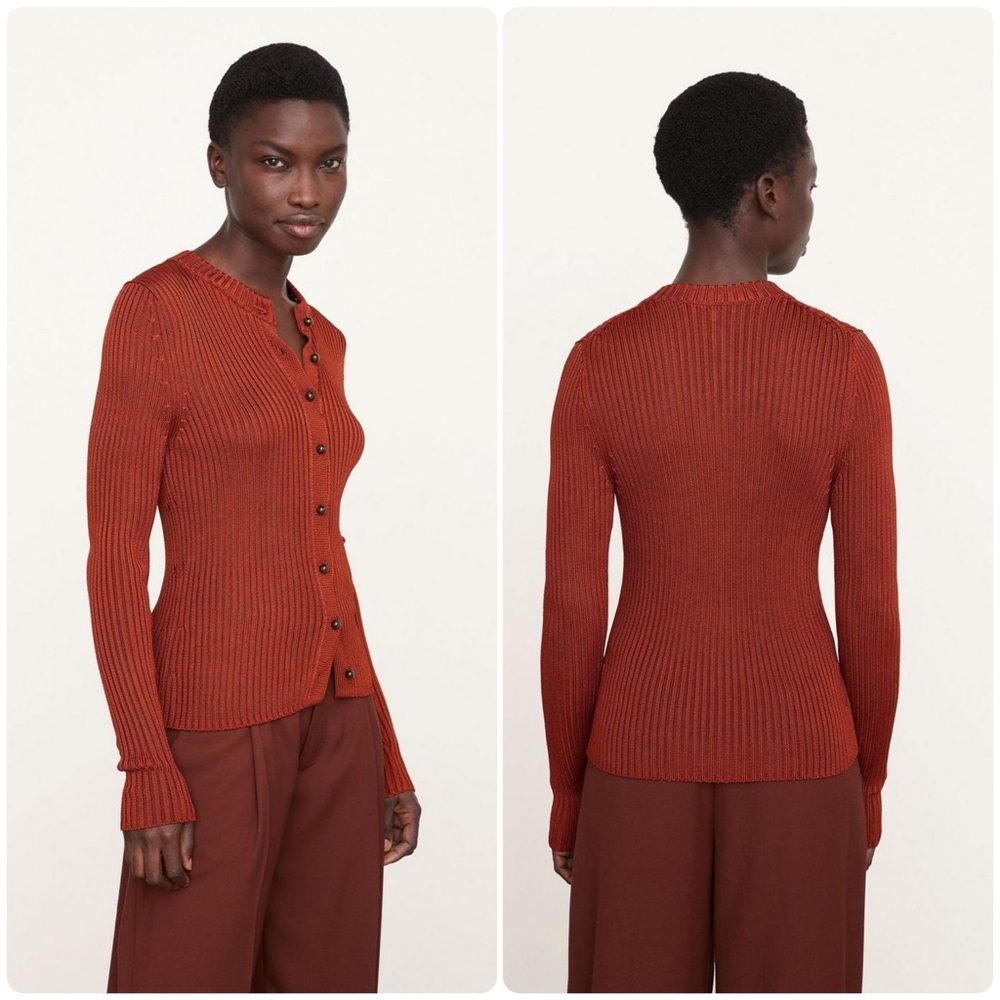 Vince Sz Small Ribbed Henley Cardigan in Cinnamon Stretchy Minimalist Shiny